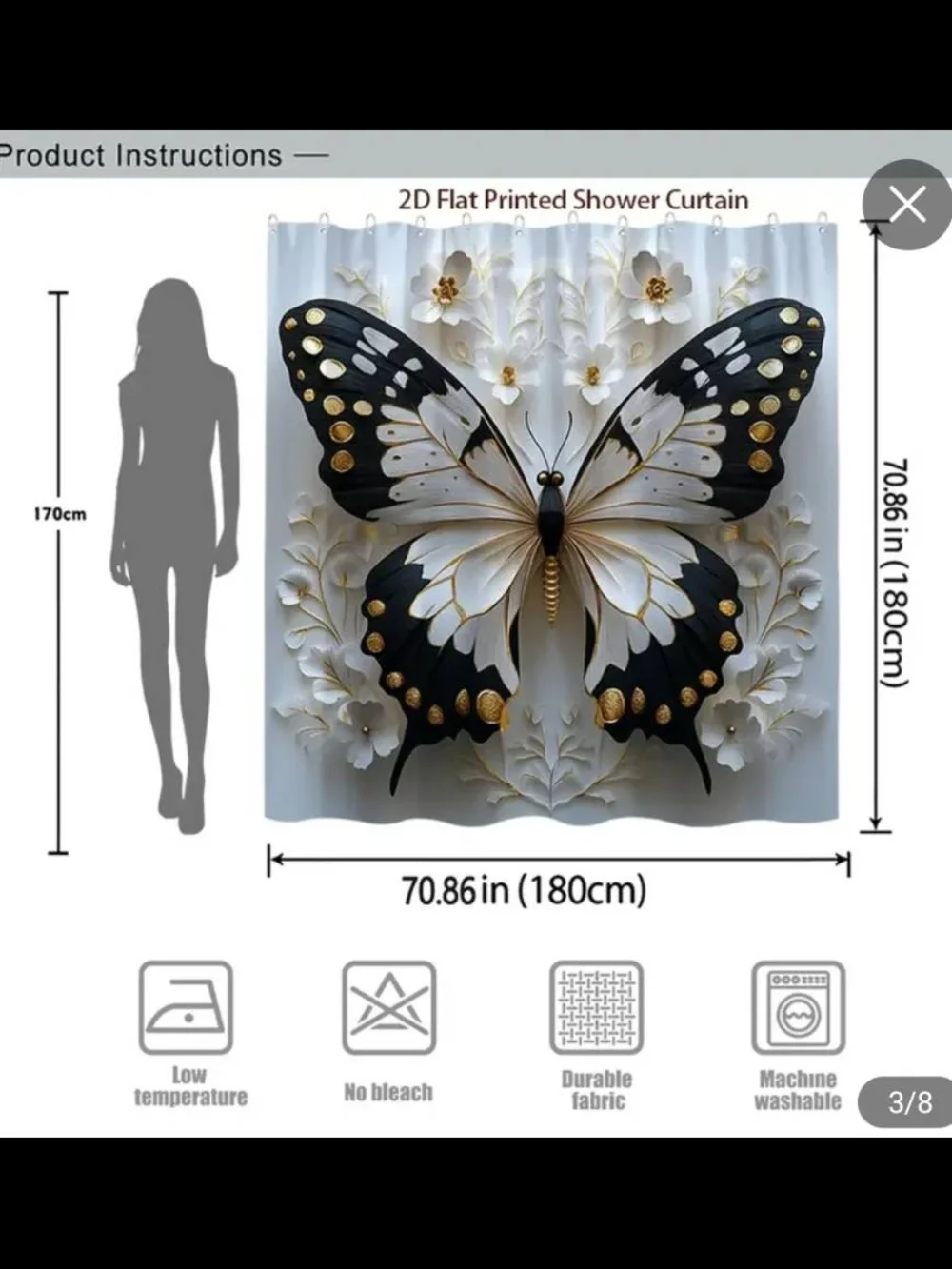 Polychrome Butterfly Shower Curtain - Elegant Black & White Design